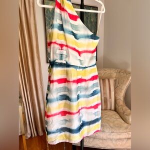 Shoshanna Julie 100% Silk One Shoulder Watercolor Dress Cinched Multicolor